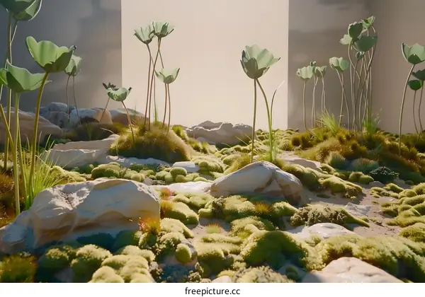 Green Moss, Stone and Plants on a Ground Background