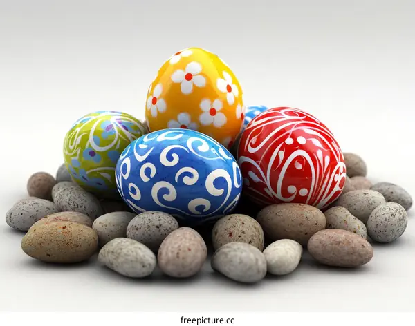 Colorful Easter Eggs on Pebbles