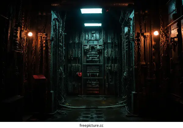 Rusty Metal Door with Chains and Pipes in a Dark Room