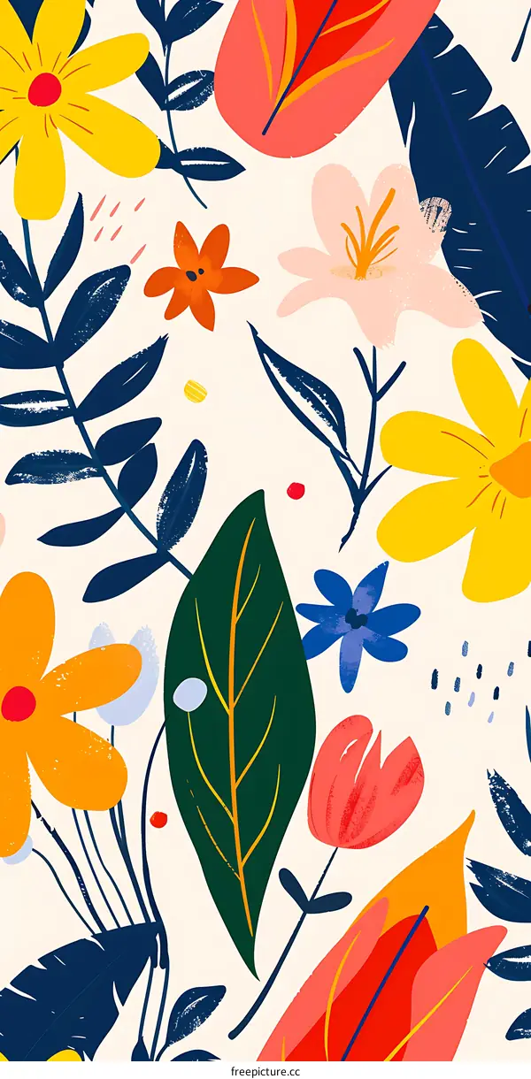 Colorful Floral Pattern with Bright Yellow, Red, Blue, Green and Orange Flowers