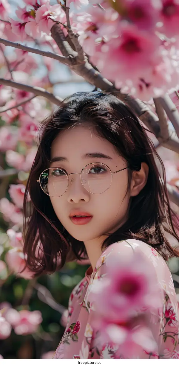 Young Asian Woman In Glasses Posing Under Pink Flowers
