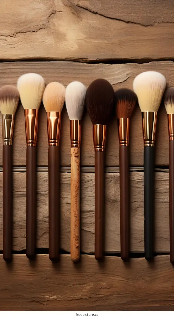Various makeup brushes on a wooden background