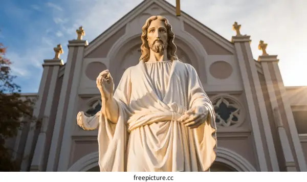 A statue of Jesus Christ stands outside a Catholic church.