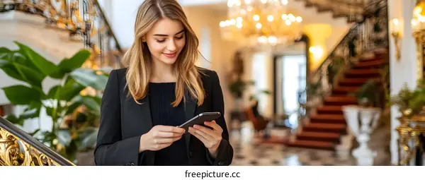 Elegant Woman Using Phone in Luxury Hotel Lobby