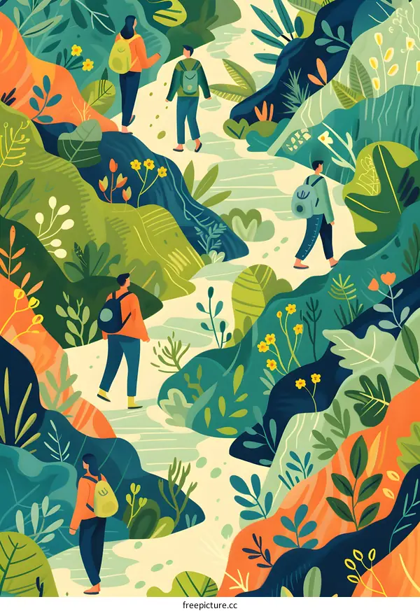 Illustrated People Walking Through A Forest Path