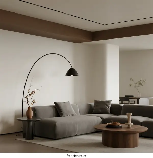 Modern living room with gray sofa and arc floor lamp