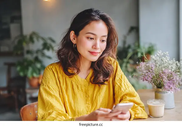 Asian Woman Using Smartphone in Cafe