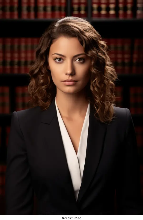Portrait of a young female lawyer in a suit standing in a library.