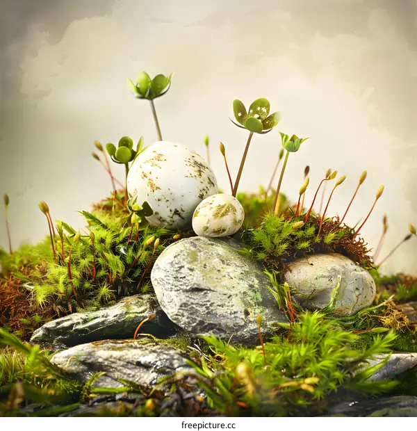 Springtime Moss Rocks and Flowers