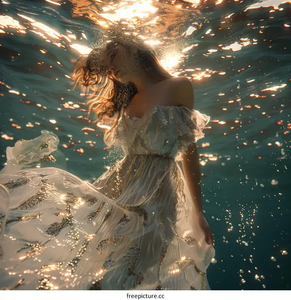 Golden-dressed woman floating underwater in a serene seascape