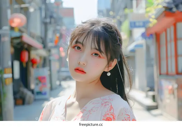 Young Asian Woman with Pink Makeup in Chinese Street