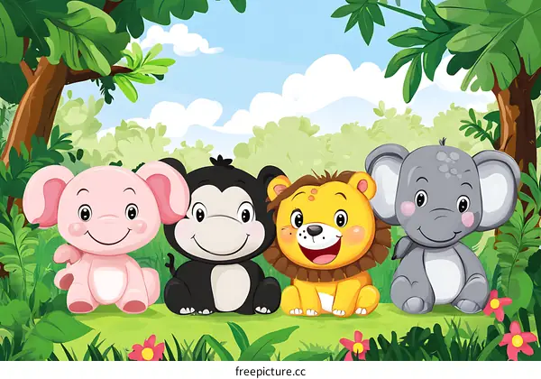 Cute Animals in the Jungle Illustration