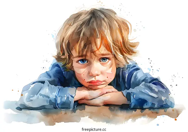 watercolor painting of a boy with blond hair and blue eyes