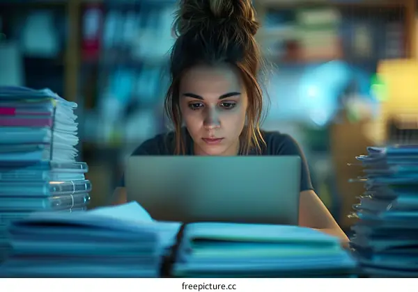 Young woman working late on laptop surrounded by paperwork