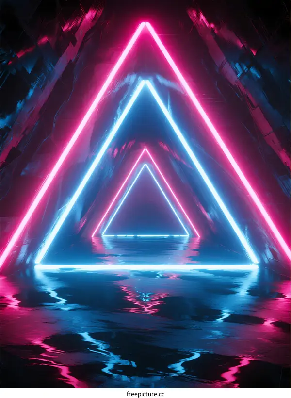 Neon Triangle Corridor with Reflective Water Surface in Futuristic Setting