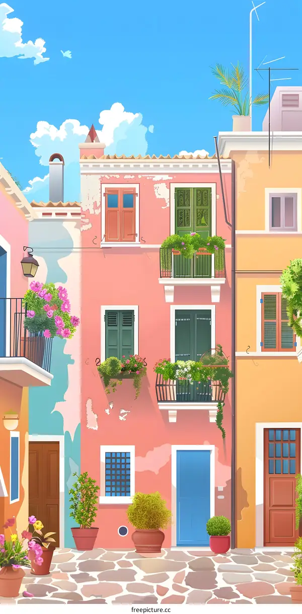 Colorful Italian Architecture Illustration with Balconies