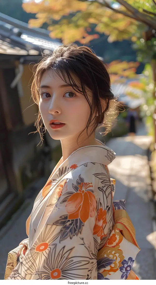 Japanese Woman in Traditional Kimono Outdoors