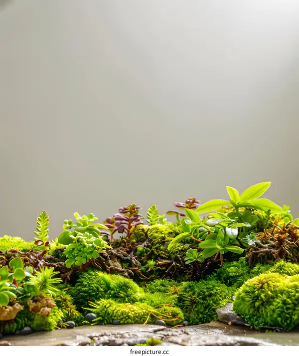 Green Moss and Small Plants on Grey Background