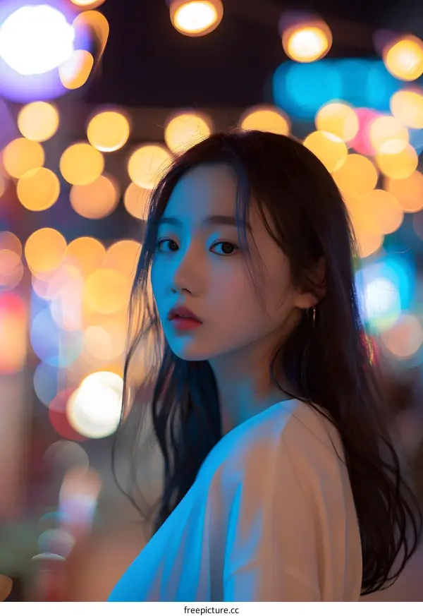 Portrait of a Young Woman in Front of Neon Lights