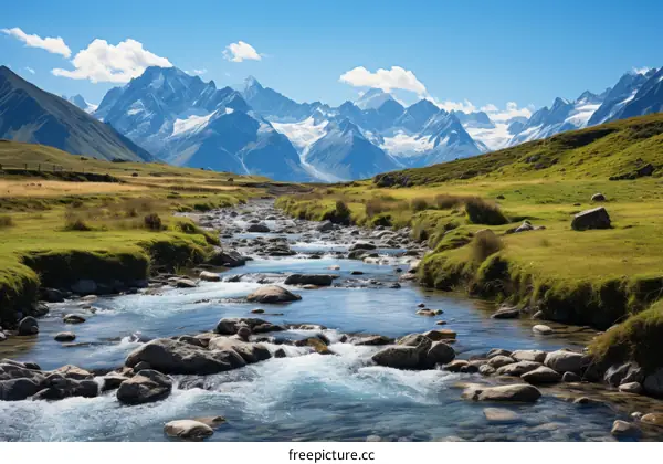 Scenic mountain landscape with river flowing through green valley