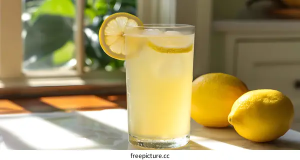 Refreshing Summer Lemon Drink with Ice and Lemon Slices