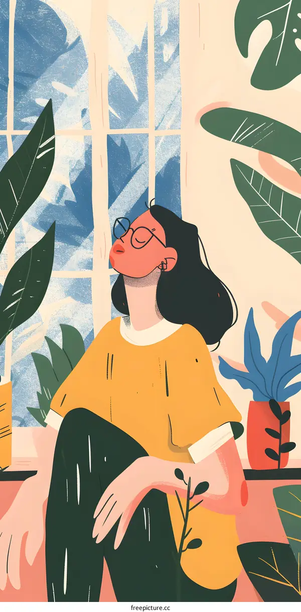 Woman with Glasses Sitting by Window with Plants