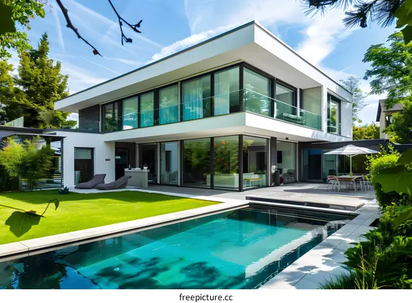 Modern House with Swimming Pool and Green Garden