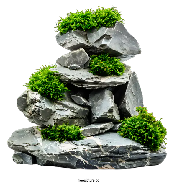 [Transparent Background PNG]Green Moss on Stack of Rocks Isolated on White Background