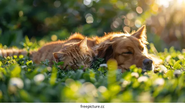 A ginger cat and a golden retriever sleeping in the grass
