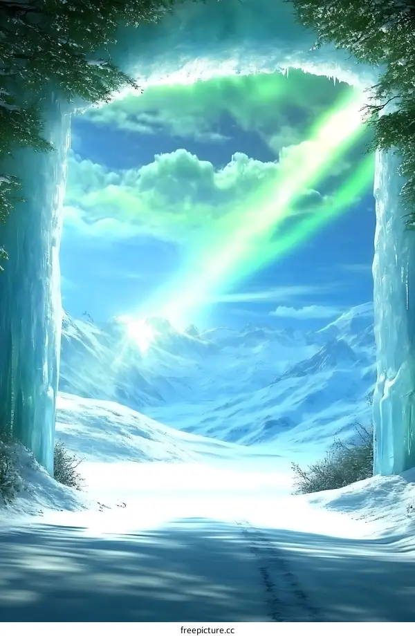 Winter Wonderland Landscape with Icicles and Aurora Borealis