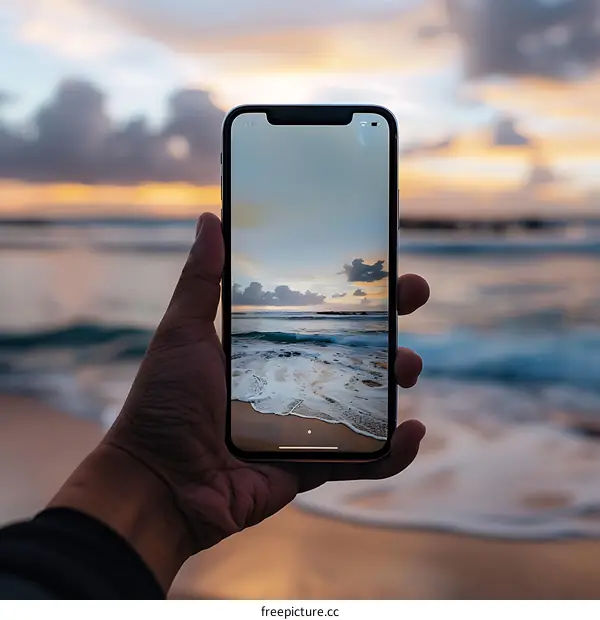 Hand Holding Smartphone Capturing Sunset Over Ocean Waves