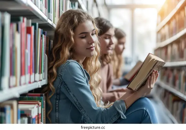 Three young women reading books in a library