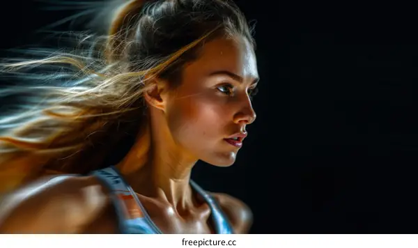 Portrait of a determined young female athlete with long blond hair pulled back in a ponytail. She is wearing a white sports bra and has a focused expression on her face.