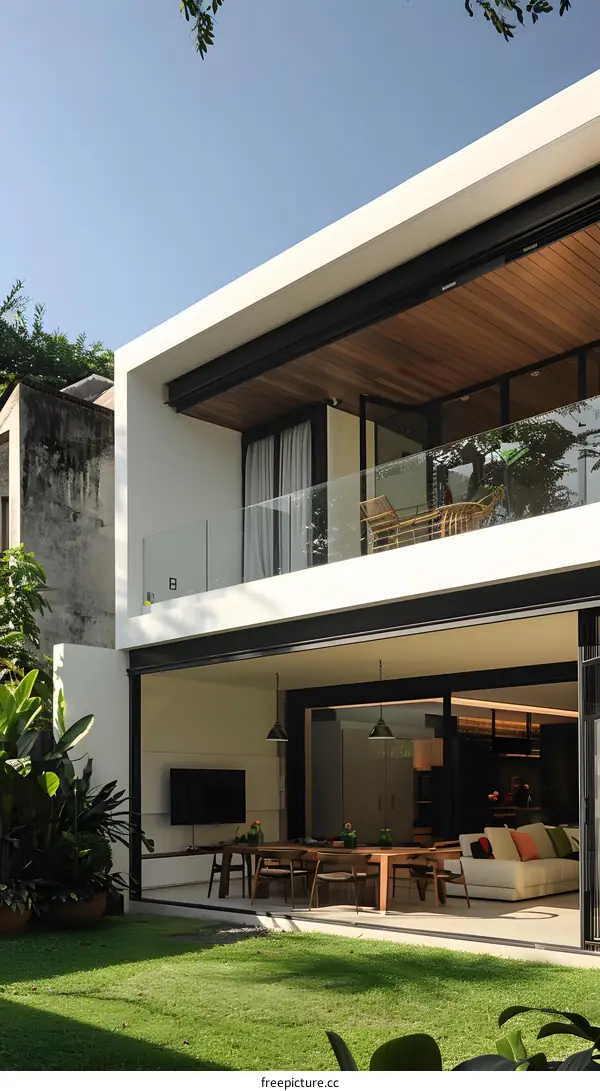 Modern House with Glass Balcony and Green Lawn