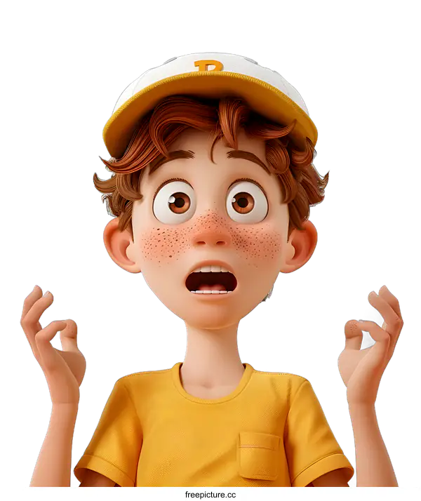 [Transparent Background PNG]A boy in a yellow shirt and white hat looks up in surprise