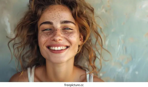 Beautiful Woman with Freckles Smiling Outdoors