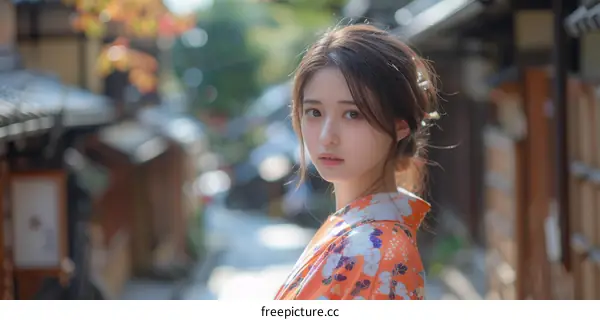 Young Asian Woman in Kimono Standing in Traditional Japanese Street