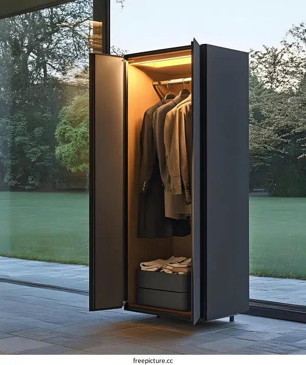Modern Black Wardrobe with Glass Doors and Interior Lighting