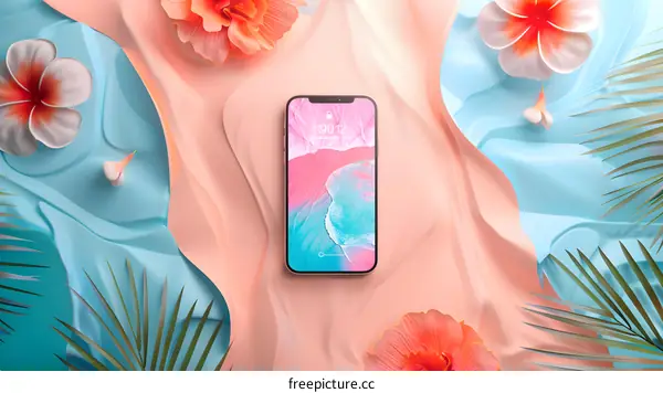 Smartphone with Tropical Flowers and Palm Leaves on Pink and Blue Background