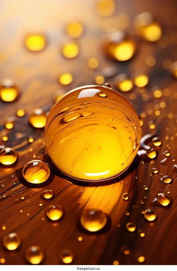 Close-up of a droplet of yellow liquid on a brown surface surrounded by other droplets