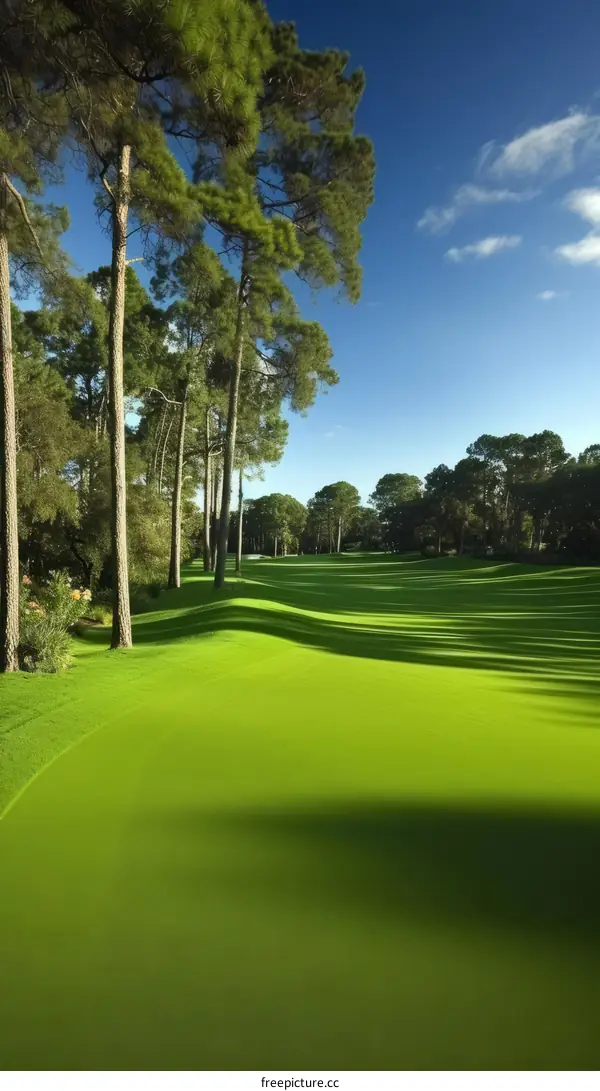 Green golf course with trees on a sunny day