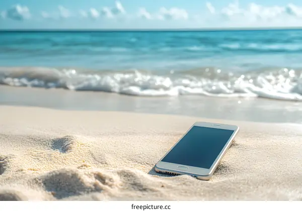 Smartphone on Sandy Beach with Ocean Background