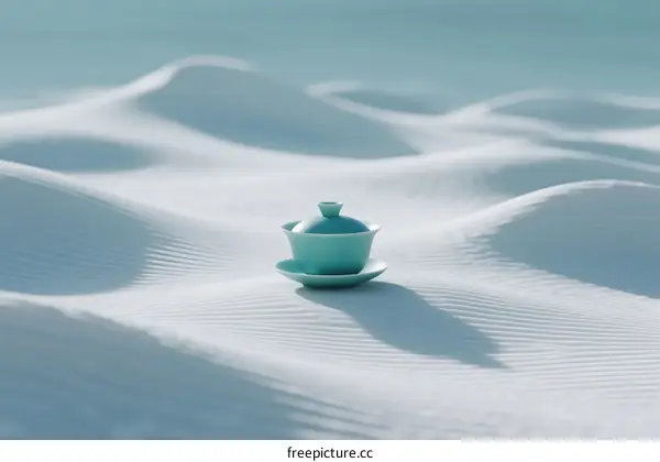 A small blue teacup sits on a sandy dune under clear sky