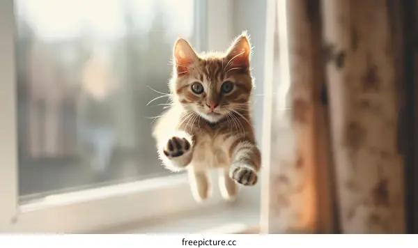 A ginger kitten is leaping in mid-air