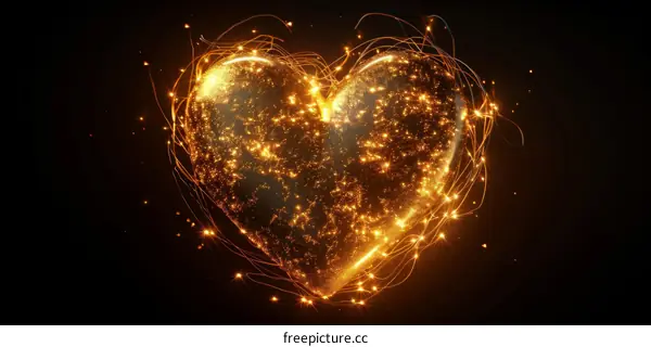 Glowing golden heart made of particles