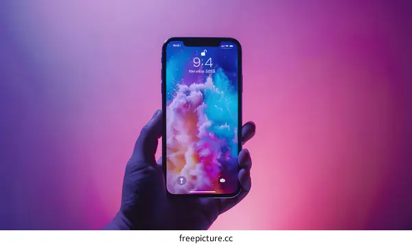 Hand Holding Smartphone With Pink And Purple Background