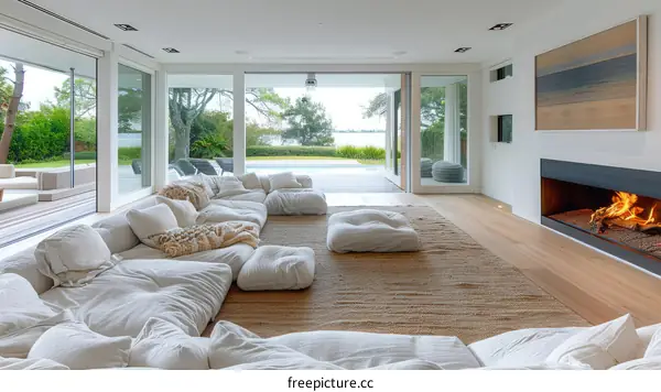 Modern living room interior design with large windows overlooking the pool