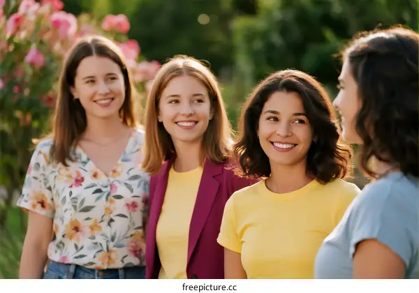 Group of young women standing outdoors in garden