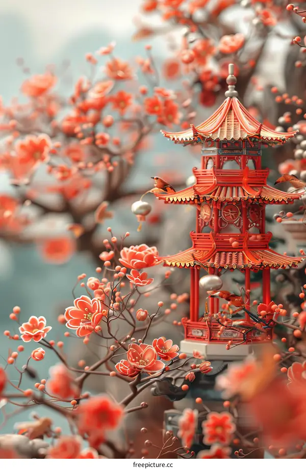 Red Cherry Blossoms Surrounding Birds in a Chinese Pagoda