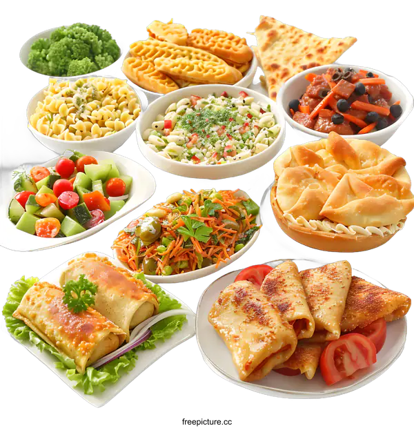 [Transparent Background PNG]Variety of Food Dishes Arranged on White Background